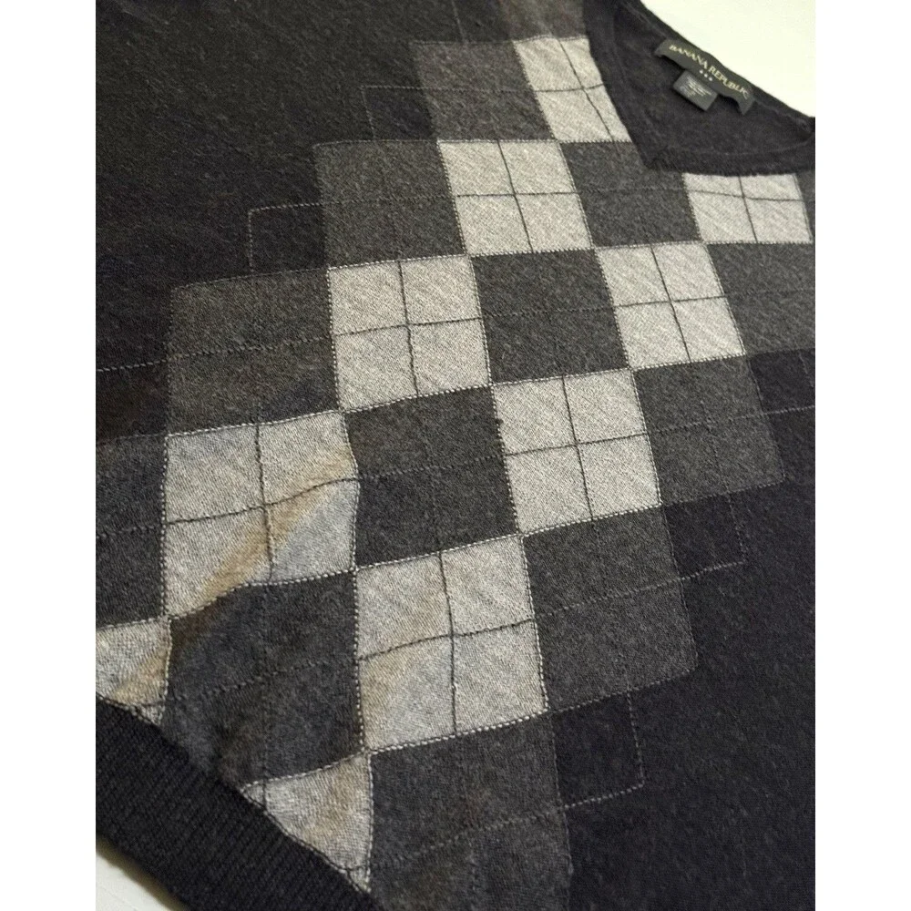 Banana Republic 2007 Style Wool Argyle Sweater Sz S Gray 90s Preppy University